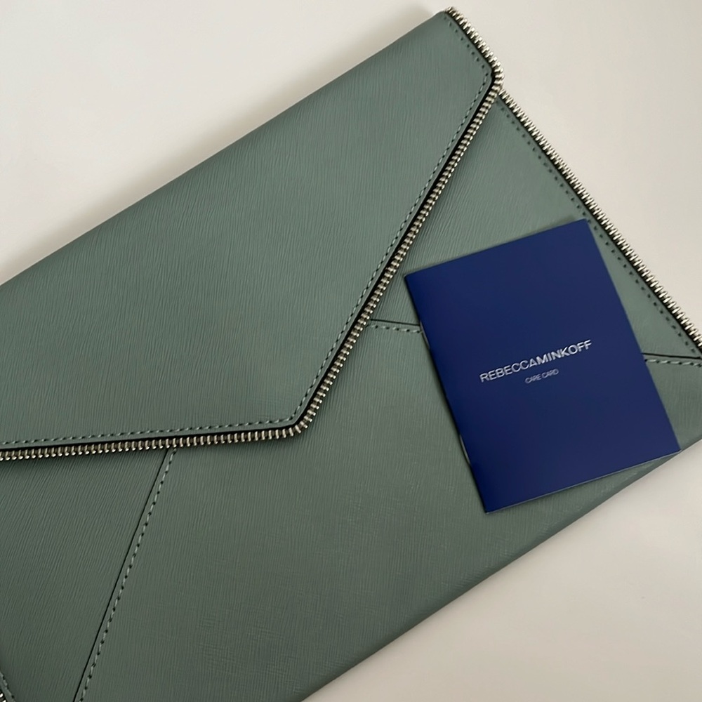 Rebecca Minkoff Leo Envelope Clutch Bag Dusty Green Leather Saffiano With Silver